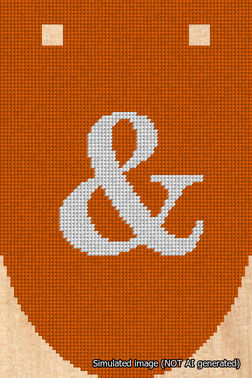 A simulated image of the stitched needlepoint design: Banner 18m Rounded Ampersand White on Orange. Not A.I. generated.