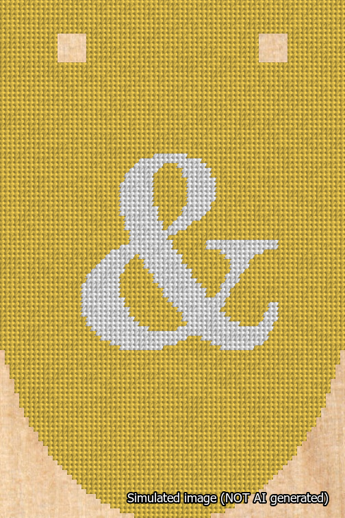 A simulated image of the stitched needlepoint design: Banner 18m Rounded Ampersand White on Yellow. Not A.I. generated.