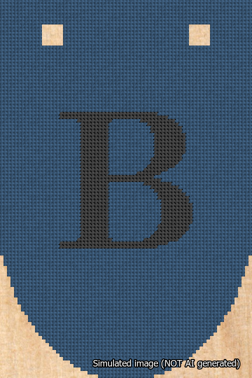 A simulated image of the stitched needlepoint design: Banner 18m Rounded B Black on Blue. Not A.I. generated.