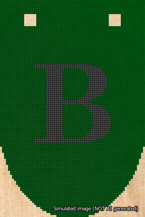A simulated image of the stitched needlepoint design: Banner 18m Rounded B Black on Green. Not A.I. generated.