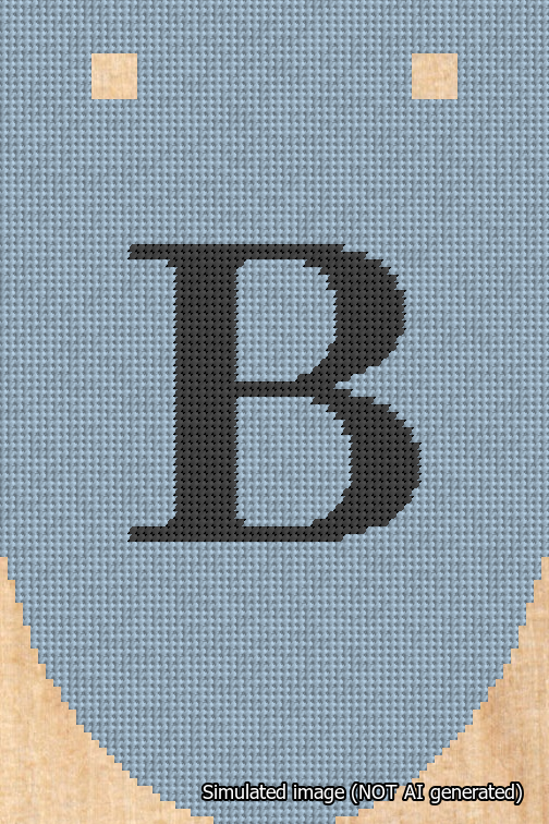 A simulated image of the stitched needlepoint design: Banner 18m Rounded B Black on Light Blue. Not A.I. generated.