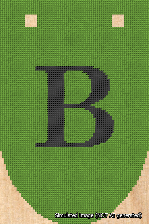 A simulated image of the stitched needlepoint design: Banner 18m Rounded B Black on Light Green. Not A.I. generated.