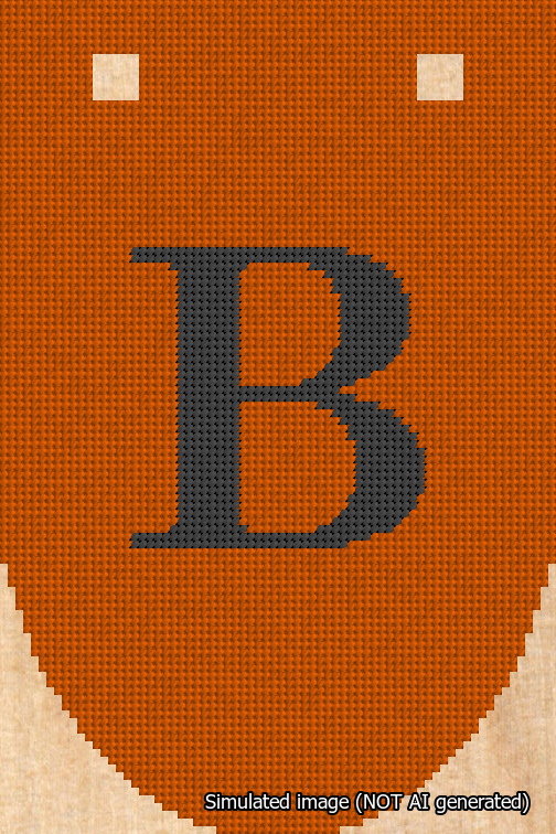 A simulated image of the stitched needlepoint design: Banner 18m Rounded B Black on Orange. Not A.I. generated.