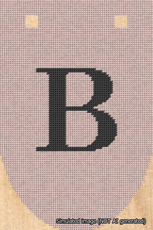 A simulated image of the stitched needlepoint design: Banner 18m Rounded B Black on Pink. Not A.I. generated.