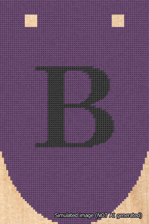 A simulated image of the stitched needlepoint design: Banner 18m Rounded B Black on Purple. Not A.I. generated.