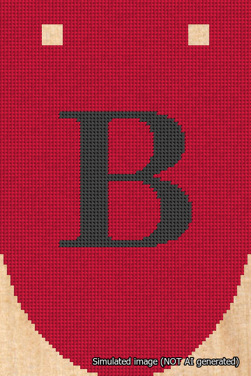 A simulated image of the stitched needlepoint design: Banner 18m Rounded B Black on Red. Not A.I. generated.