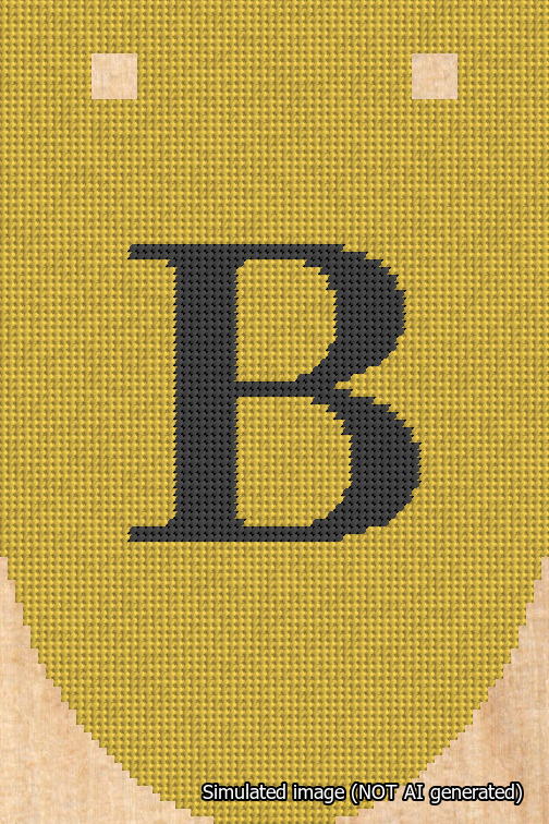 A simulated image of the stitched needlepoint design: Banner 18m Rounded B Black on Yellow. Not A.I. generated.