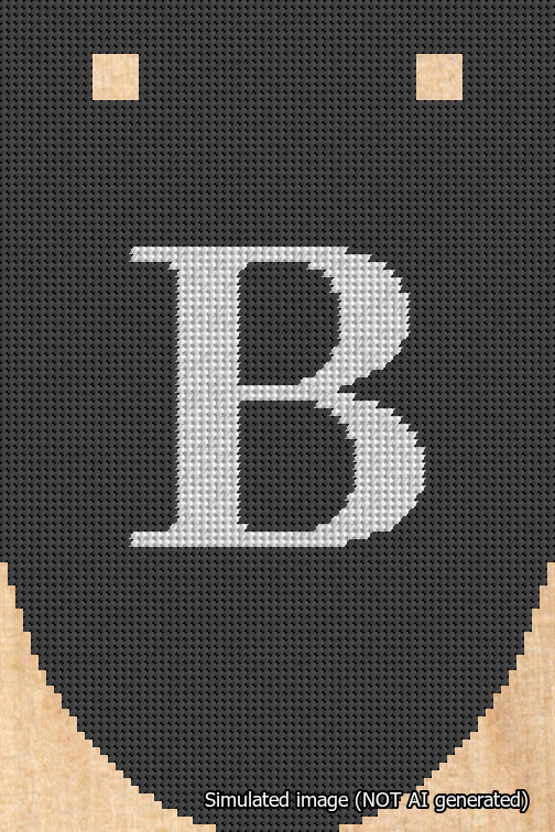 A simulated image of the stitched needlepoint design: Banner 18m Rounded B White on Black. Not A.I. generated.