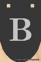 A simulated image of the stitched needlepoint design: Banner 18m Rounded B White on Black. Not A.I. generated.