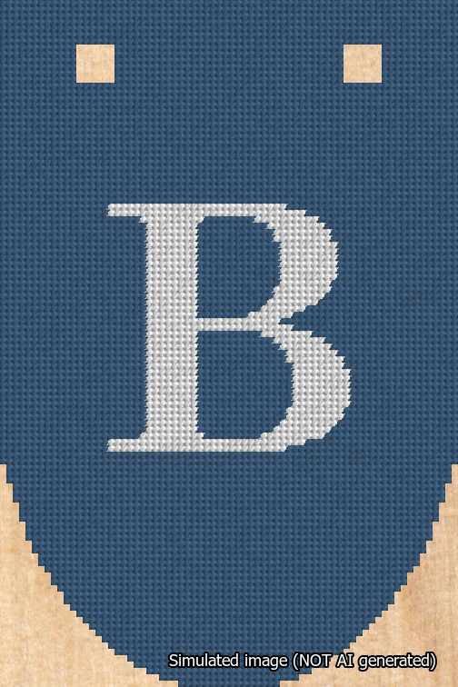 A simulated image of the stitched needlepoint design: Banner 18m Rounded B White on Blue. Not A.I. generated.