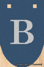 A simulated image of the stitched needlepoint design: Banner 18m Rounded B White on Blue. Not A.I. generated.