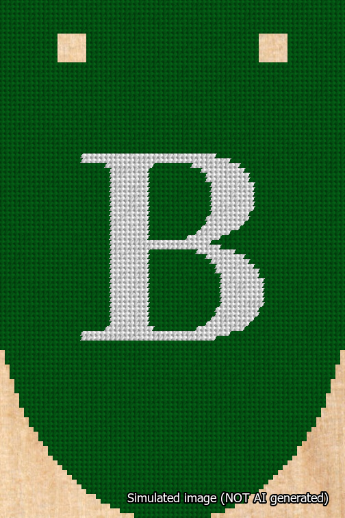 A simulated image of the stitched needlepoint design: Banner 18m Rounded B White on Green. Not A.I. generated.