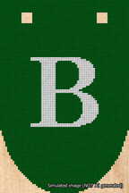 A simulated image of the stitched needlepoint design: Banner 18m Rounded B White on Green. Not A.I. generated.