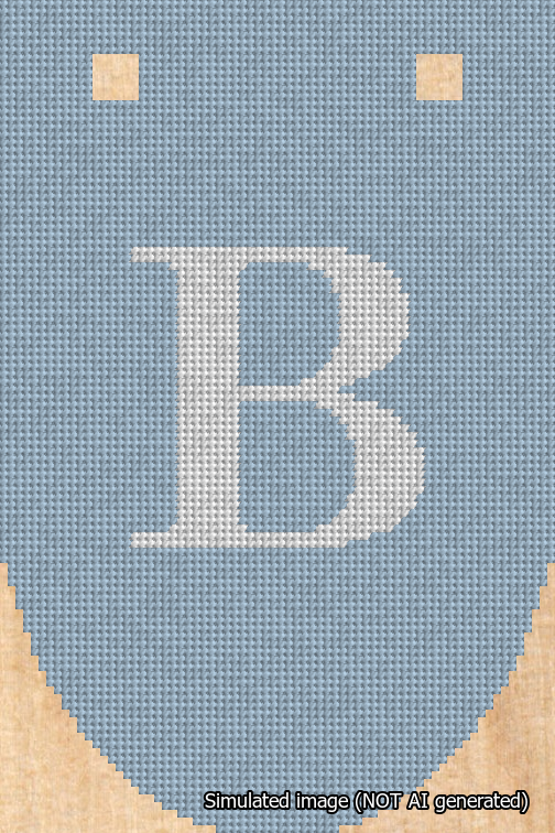 A simulated image of the stitched needlepoint design: Banner 18m Rounded B White on Light Blue. Not A.I. generated.