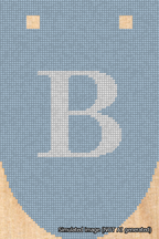 A simulated image of the stitched needlepoint design: Banner 18m Rounded B White on Light Blue. Not A.I. generated.