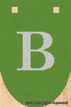 A simulated image of the stitched needlepoint design: Banner 18m Rounded B White on Light Green. Not A.I. generated.