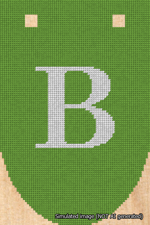A simulated image of the stitched needlepoint design: Banner 18m Rounded B White on Light Green. Not A.I. generated.