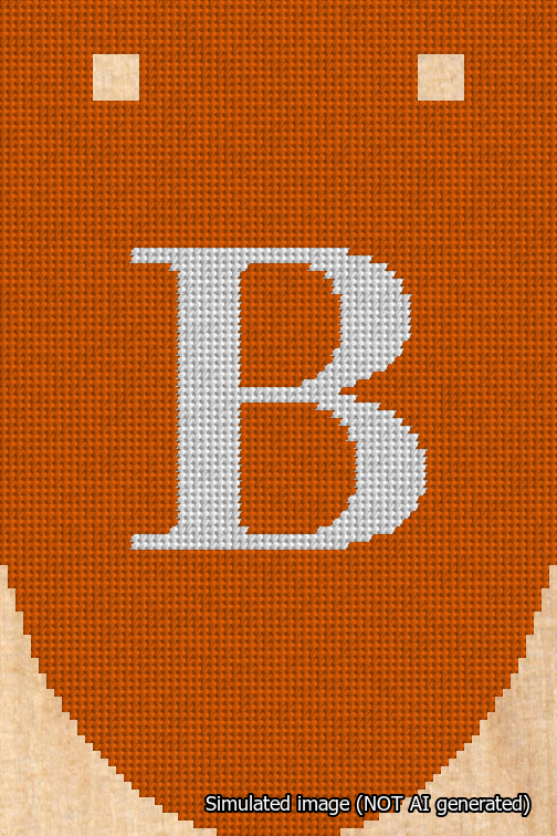 A simulated image of the stitched needlepoint design: Banner 18m Rounded B White on Orange. Not A.I. generated.