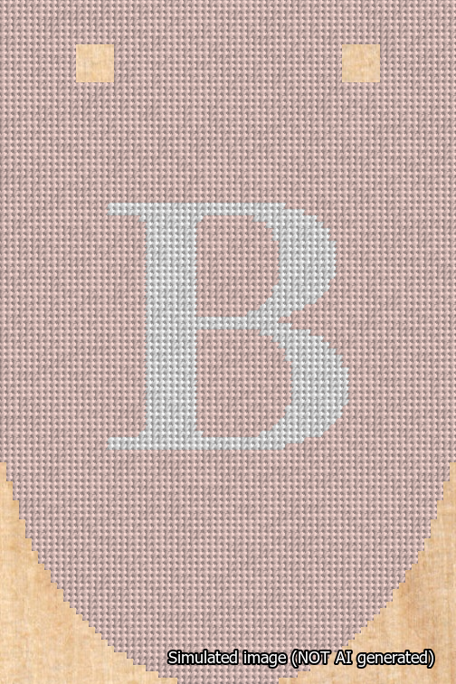 A simulated image of the stitched needlepoint design: Banner 18m Rounded B White on Pink. Not A.I. generated.