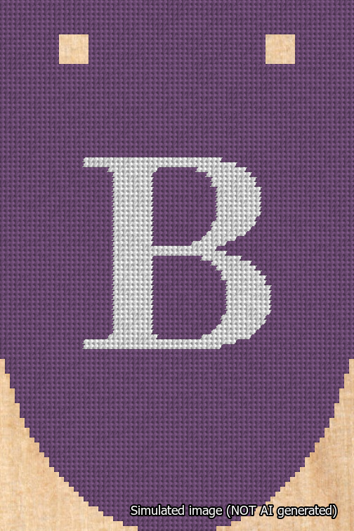 A simulated image of the stitched needlepoint design: Banner 18m Rounded B White on Purple. Not A.I. generated.