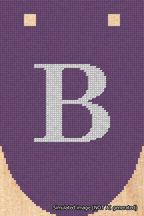A simulated image of the stitched needlepoint design: Banner 18m Rounded B White on Purple. Not A.I. generated.