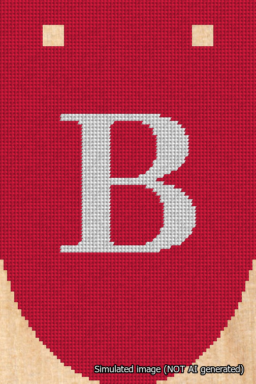 A simulated image of the stitched needlepoint design: Banner 18m Rounded B White on Red. Not A.I. generated.