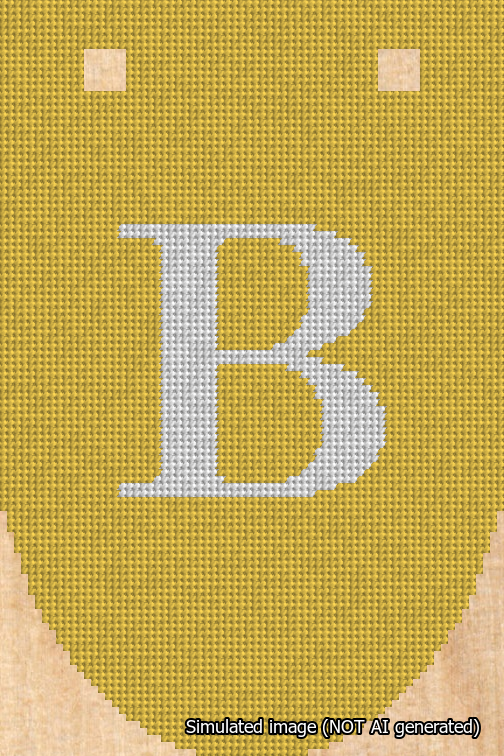 A simulated image of the stitched needlepoint design: Banner 18m Rounded B White on Yellow. Not A.I. generated.