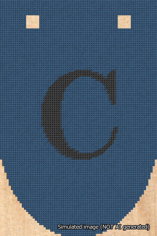 A simulated image of the stitched needlepoint design: Banner 18m Rounded C Black on Blue. Not A.I. generated.