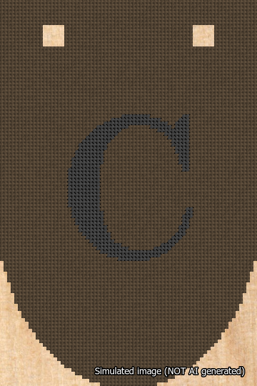 A simulated image of the stitched needlepoint design: Banner 18m Rounded C Black on Brown. Not A.I. generated.