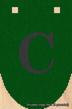 A simulated image of the stitched needlepoint design: Banner 18m Rounded C Black on Green. Not A.I. generated.