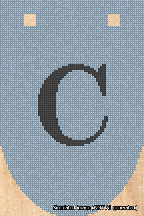 A simulated image of the stitched needlepoint design: Banner 18m Rounded C Black on Light Blue. Not A.I. generated.