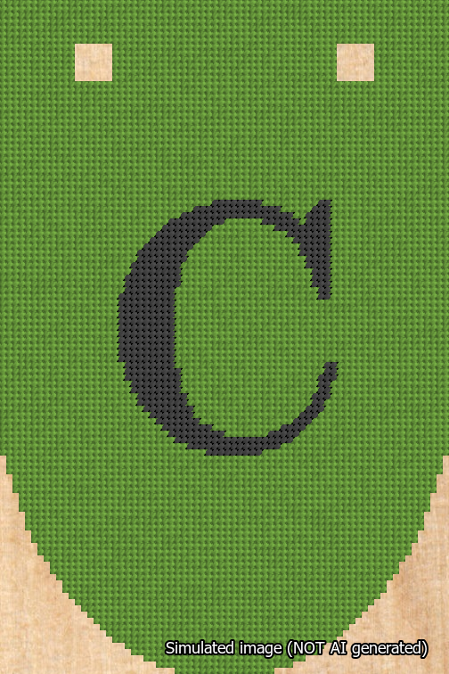 A simulated image of the stitched needlepoint design: Banner 18m Rounded C Black on Light Green. Not A.I. generated.