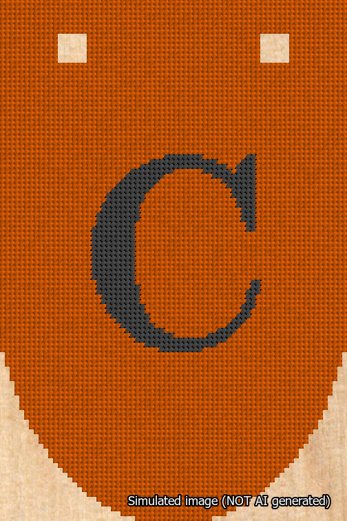 A simulated image of the stitched needlepoint design: Banner 18m Rounded C Black on Orange. Not A.I. generated.