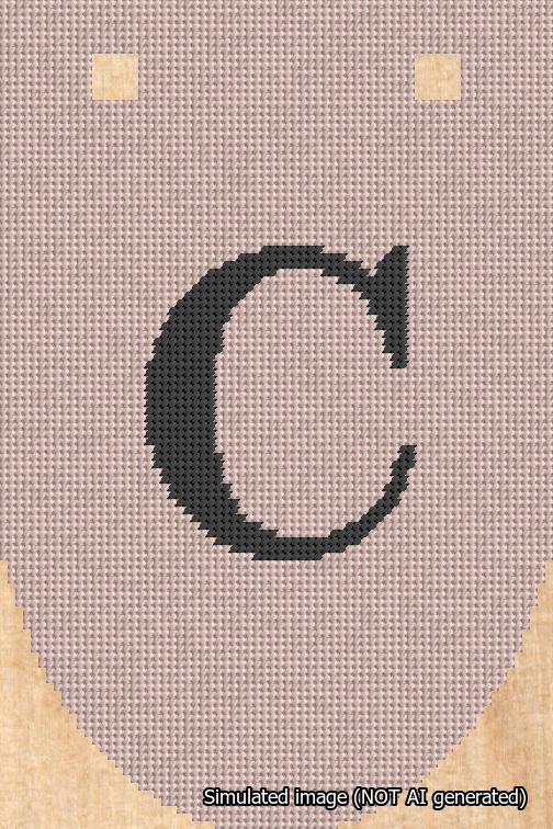 A simulated image of the stitched needlepoint design: Banner 18m Rounded C Black on Pink. Not A.I. generated.
