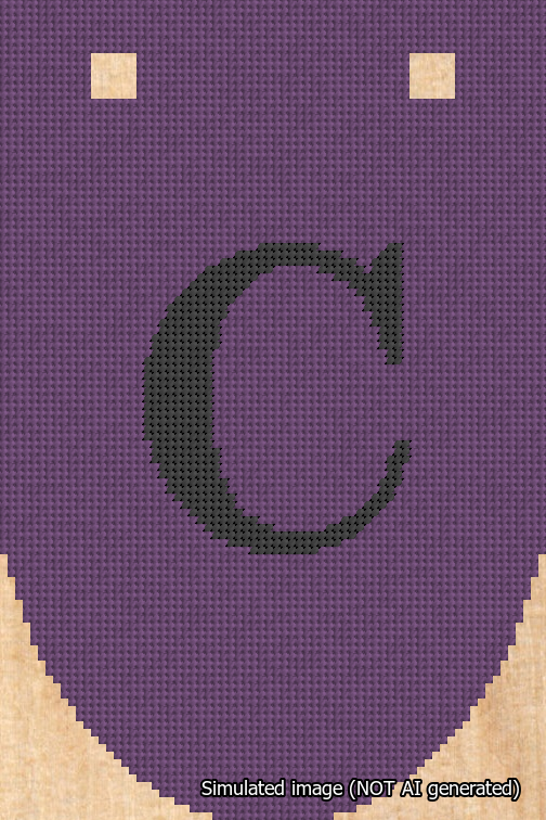 A simulated image of the stitched needlepoint design: Banner 18m Rounded C Black on Purple. Not A.I. generated.