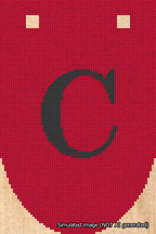 A simulated image of the stitched needlepoint design: Banner 18m Rounded C Black on Red. Not A.I. generated.