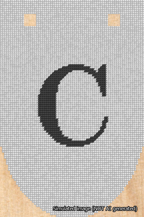 A simulated image of the stitched needlepoint design: Banner 18m Rounded C Black on White. Not A.I. generated.