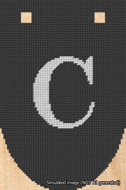 A simulated image of the stitched needlepoint design: Banner 18m Rounded C White on Black. Not A.I. generated.