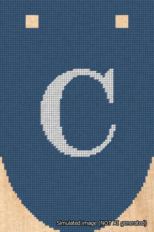 A simulated image of the stitched needlepoint design: Banner 18m Rounded C White on Blue. Not A.I. generated.