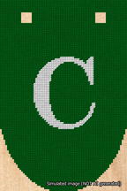 A simulated image of the stitched needlepoint design: Banner 18m Rounded C White on Green. Not A.I. generated.