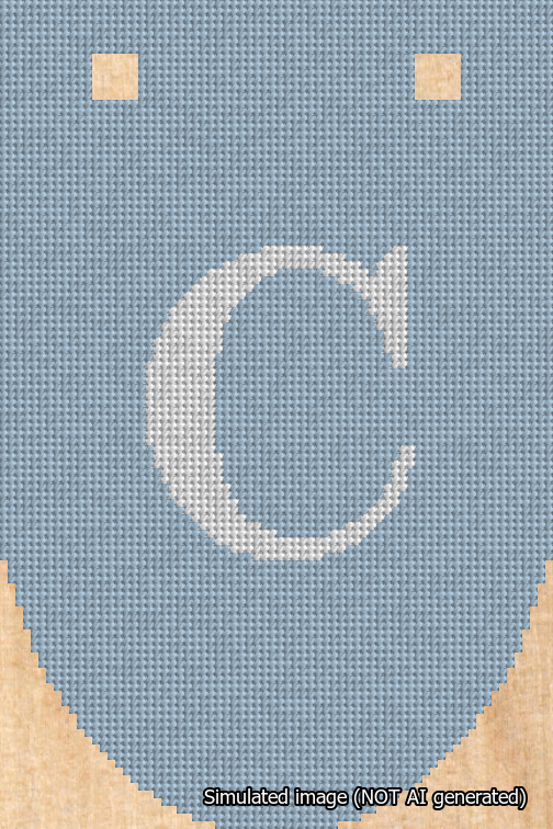 A simulated image of the stitched needlepoint design: Banner 18m Rounded C White on Light Blue. Not A.I. generated.