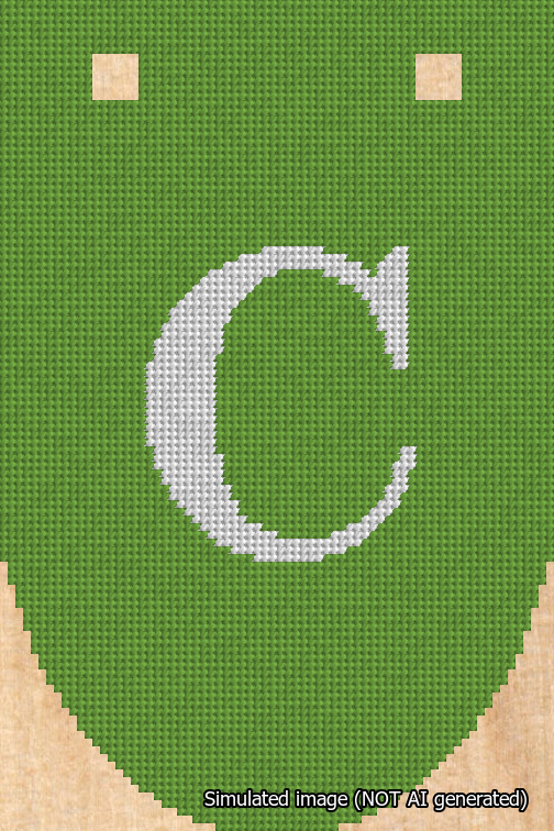 A simulated image of the stitched needlepoint design: Banner 18m Rounded C White on Light Green. Not A.I. generated.