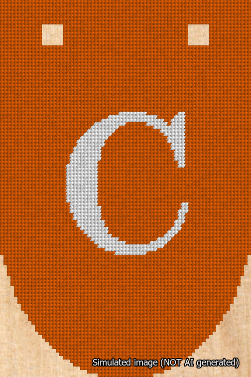 A simulated image of the stitched needlepoint design: Banner 18m Rounded C White on Orange. Not A.I. generated.