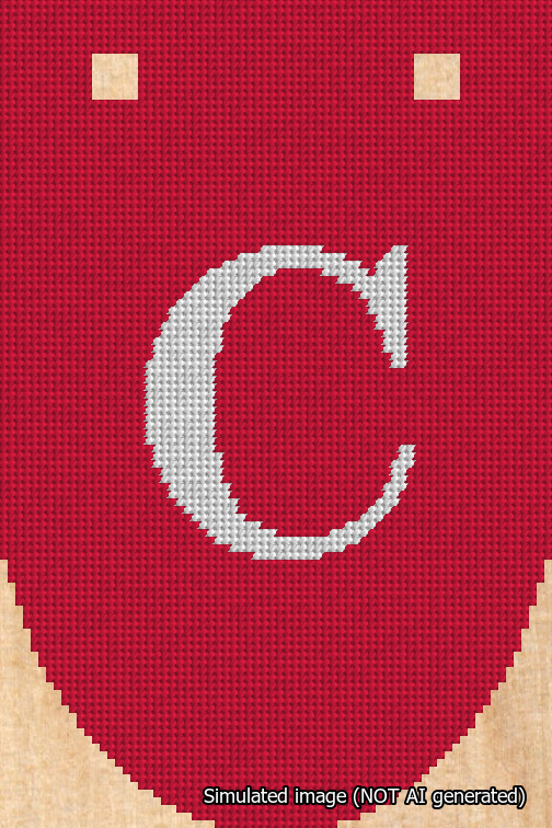 A simulated image of the stitched needlepoint design: Banner 18m Rounded C White on Red. Not A.I. generated.