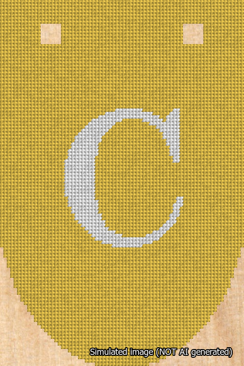 A simulated image of the stitched needlepoint design: Banner 18m Rounded C White on Yellow. Not A.I. generated.