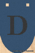 A simulated image of the stitched needlepoint design: Banner 18m Rounded D Black on Blue. Not A.I. generated.