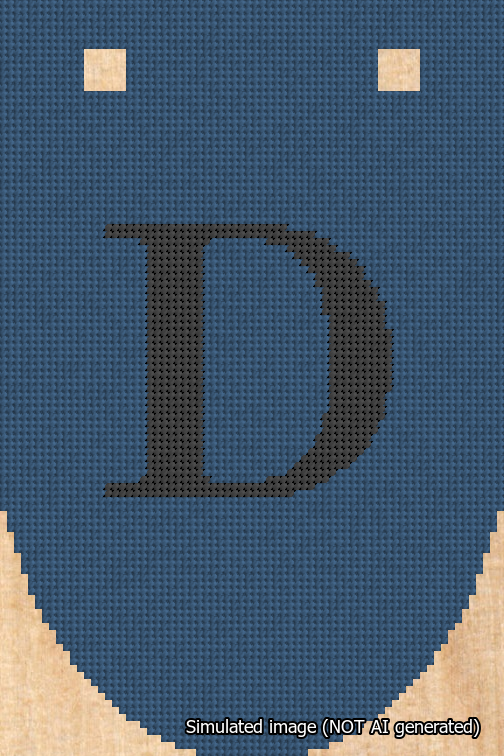 A simulated image of the stitched needlepoint design: Banner 18m Rounded D Black on Blue. Not A.I. generated.