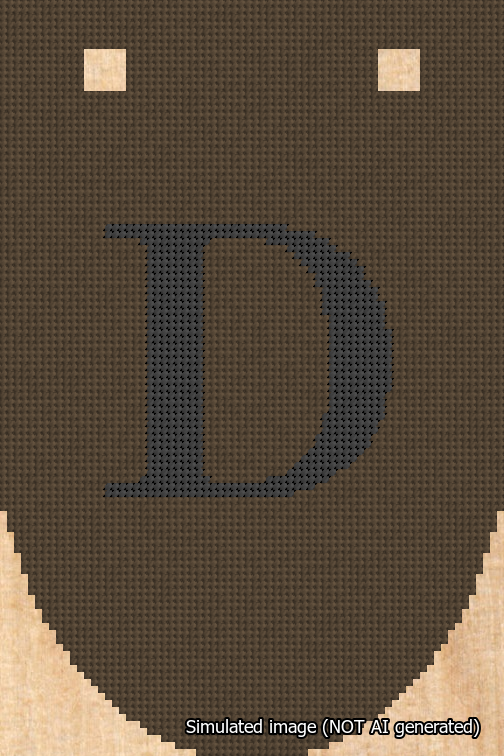 A simulated image of the stitched needlepoint design: Banner 18m Rounded D Black on Brown. Not A.I. generated.