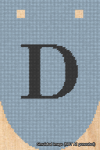 A simulated image of the stitched needlepoint design: Banner 18m Rounded D Black on Light Blue. Not A.I. generated.