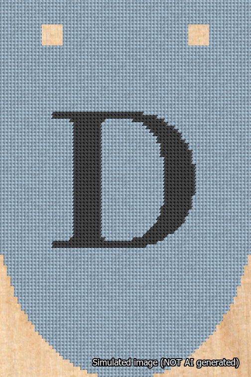 A simulated image of the stitched needlepoint design: Banner 18m Rounded D Black on Light Blue. Not A.I. generated.
